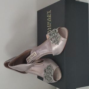 Badgley Mischka Silver Leather High Heel Shoes with Diamond Embellishment